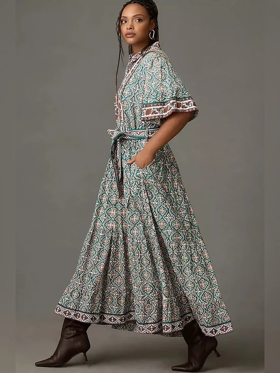 Anthropologie Sue Sartor Block Print Midi Dress 3X Teal Boho Ruffle Picnic 100% - Picture 3 of 5